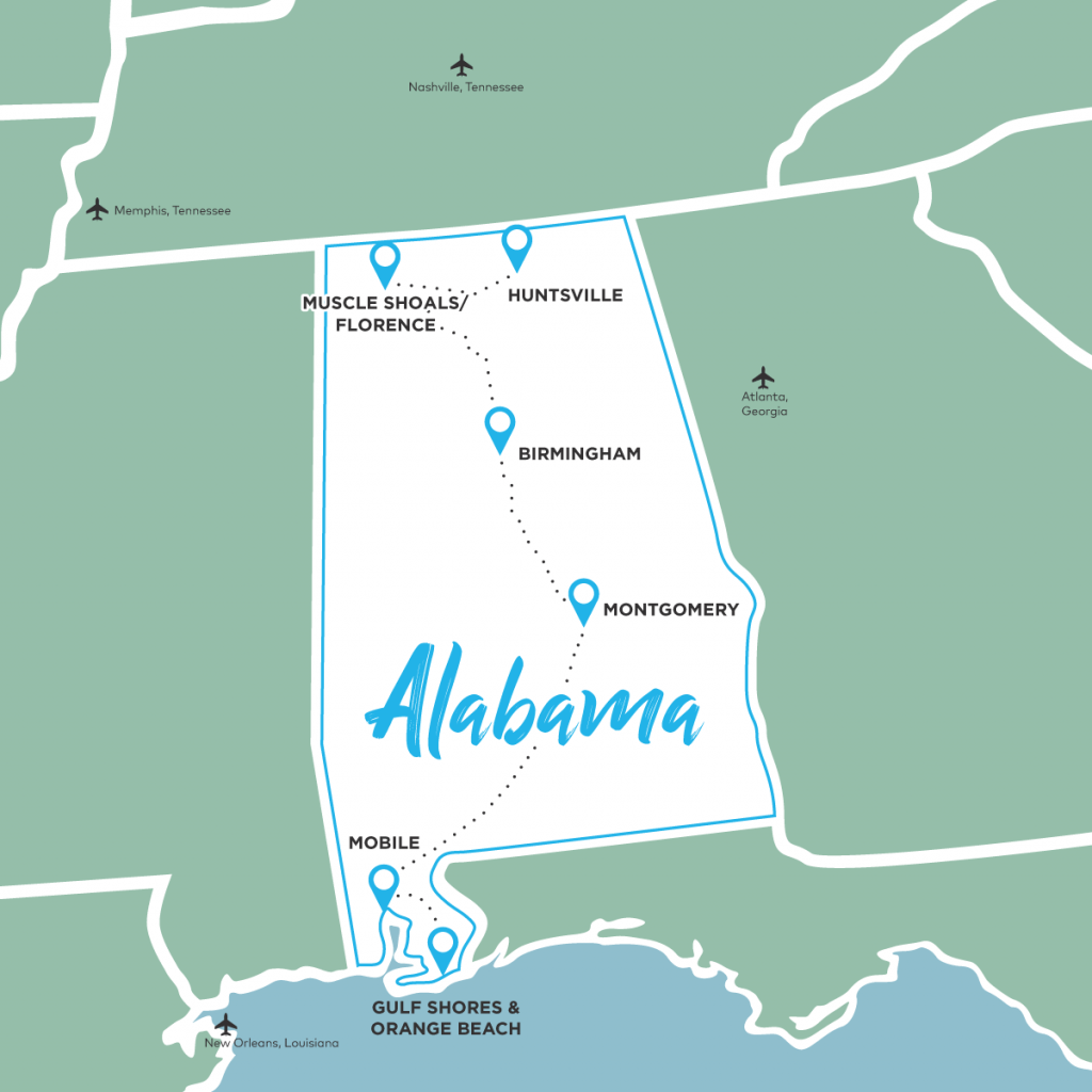 Alabama Map - Kulturtripp von Süden nach Norden und retour